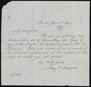 Letter from Mary Gray Chapman, Boston, [Mass.], to William Lloyd Garrison, Jan'y 1st, 1847