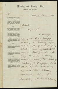 Letter from Frederick William Chesson, Morning and Evening Star, Offices, 335 Strand, London, [England], to William Lloyd Garrison, 12 Sept. 1856