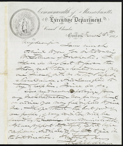 Letter from John A. Andrew, Commonwealth of Massachusetts, Executive Department, Council Chamber, Boston, [Mass.], to William Lloyd Garrison, March 5th, 1861