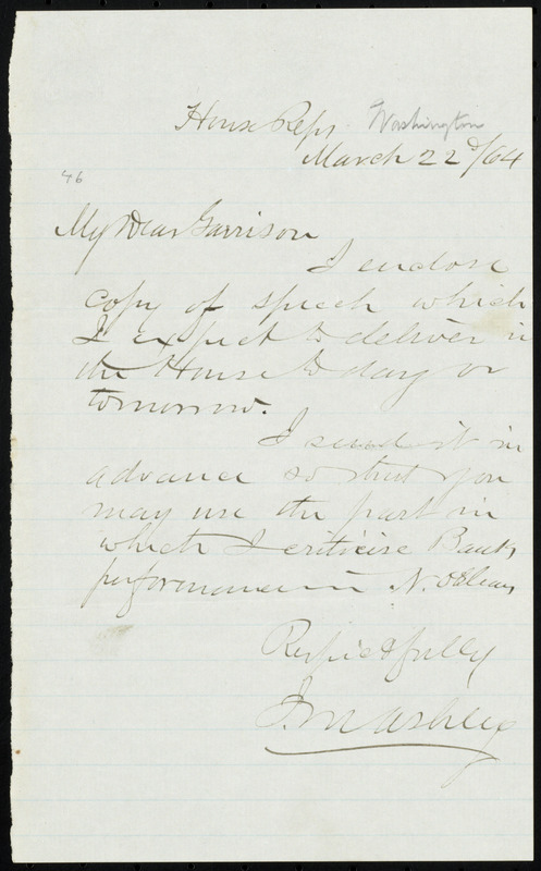 Letter from James Mitchell Ashley, House [of] Rep[resentative]s ...