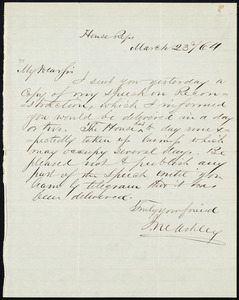 Letter from James Mitchell Ashley, House [of] Rep[resentative]s, to William Lloyd Garrison, March 23, [18]64