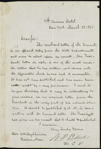 Letter from Nathaniel Prentiss Banks, 5th Avenue Hotel, New York, to William Lloyd Garrison, March 23, 1865