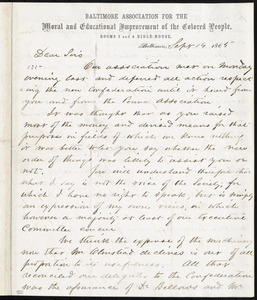 Letter from Hugh Lennox Bond, Baltimore Association For the Moral and Educational Improvement of the Colored People, Rooms 3 and 4, Bible House, Baltimore, [Md.], to William Lloyd Garrison, Sept. 14, 1865