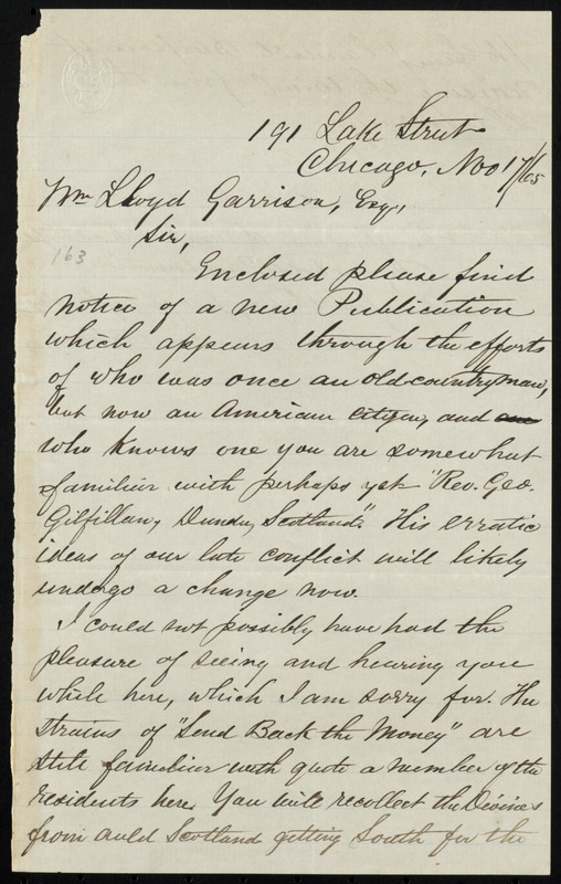 Letter from James Barnet, 191 Lake Street, Chicago, [Ill.], to William ...