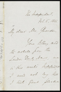 Letter from Theodore Tilton, The Independent, to William Lloyd Garrison, Feb. 6, 1866