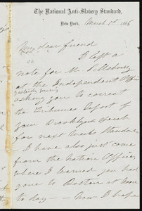 Letter from Susan Brownell Anthony, to William Lloyd Garrison, March 1st, 1866