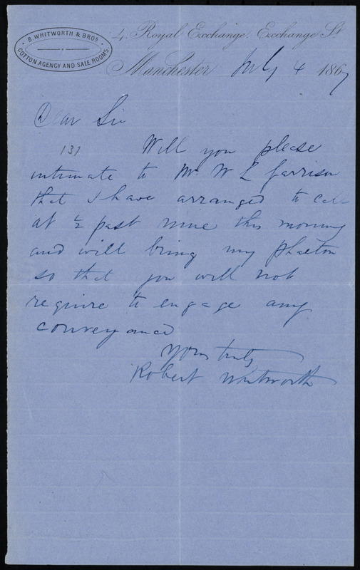 Letter from Robert Whitworth, Manchester, [England], to William Lloyd ...