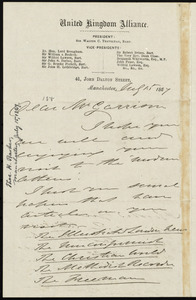 Letter from Thomas Holliday Barker, United Kingdom Alliance, 41 John Dalton Street, Manchester, [England], to William Lloyd Garrison, Aug. 15, 1867