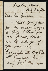 Letter from Sarah Parker Remond, to William Lloyd Garrison, Thursday evening, July 25, 1867