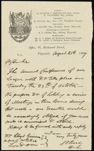Letter from S. V. Bird, Devon & Cornwall Temperance League Office, 28 Richmond Street, Plymouth, [England], to William Lloyd Garrison, August 21st, 1867