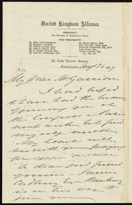 Letter from Thomas Holliday Barker, United Kingdom Alliance, 41 John Dalton Street, Manchester, [England], to William Lloyd Garrison, Aug[us]t 24, 1867