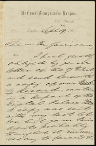 Letter from Robert Rae, National Temperance League, 337 Strand, London, [England], to  William Lloyd Garrison, Sept. 19, 1867