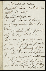 Letter from Jane Ashby, 1 Craddock Villas, Beulah Road, Tonbridge Wells, [Kent, England], to William Lloyd Garrison, October 12, 1867