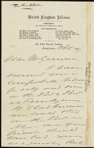 Letter from Thomas Holliday Barker, United Kingdom Alliance, 41 John Dalton Street, Manchester, [England], to William Lloyd Garrison, Oct. 15, 1867