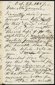 Letter from Robert Arthington, Leeds, England, to William Lloyd Garrison, Oct. 22, 1867