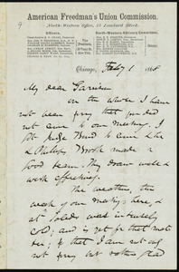 Letter from James Miller M'Kim, American Freedman's Union, North-Western Office, 15 Lombard Block, Chicago, [Ill.], to William Lloyd Garrison, Feb'y 1, 1868