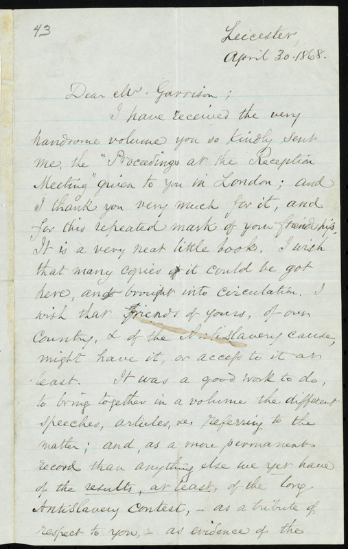 Letter from Samuel May, Leicester, [Mass.], to William Lloyd Garrison ...