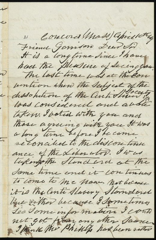 Letter from Samuel Barrett, Concord, Mass, to William Lloyd Garrison ...