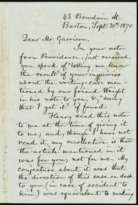 Letter from Charles King Whipple, 43 Bowdoin St., Boston, [Mass.], to William Lloyd Garrison, Sept. 20th, 1870