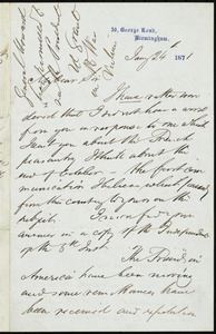 Letter from Arthur Albright, 30 George Road, Birmingham, to William Lloyd Garrison, Jan'y 24th, 1871