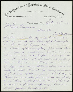 Letter from George W. Grandey, Head-Quarters of Republican State Committee, Vergennes, Vt, to William Lloyd Garrison, July 29th, 1872