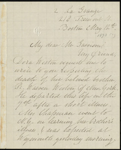 Letter from Mary Gray Chapman, 2 La Grange, 218 Tremont St[reet], Boston, [Mass.], to William Lloyd Garrison, May 12th, [1873?]