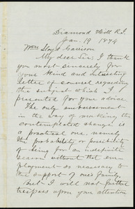 Letter from B. A. Chase, Diamond Hill, R.I., to William Lloyd Garrison, Jan. 19, 1874