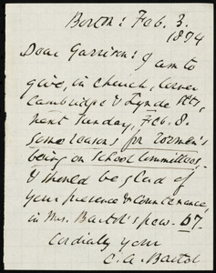 Letter from Cyrus Augustus Bartol, Boston, [Mass.], to William Lloyd Garrison, Feb. 3, 1874