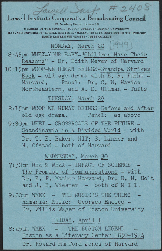 LICBC program schedule for the week of March 28, 1949