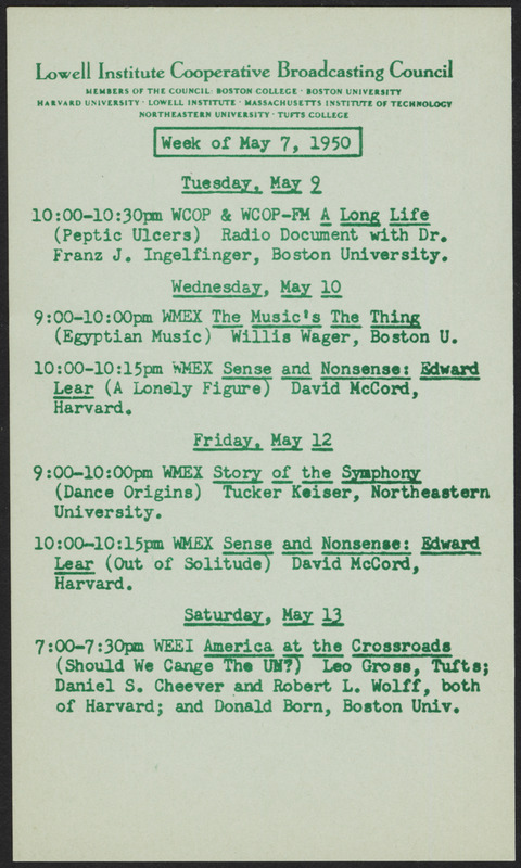 LICBC program schedule for the week of May 7, 1950