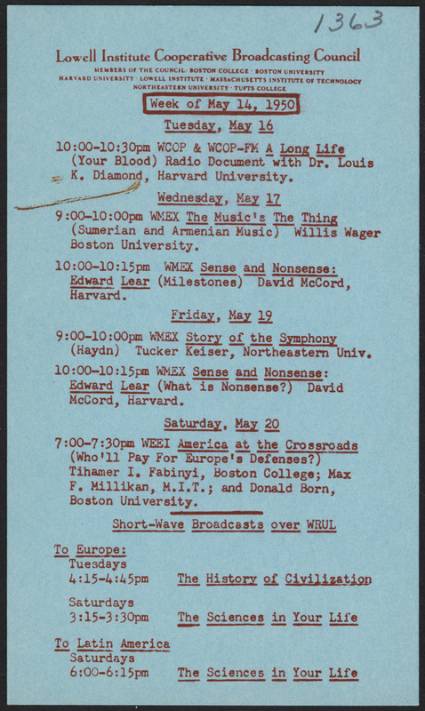 LICBC program schedule for the week of May 14, 1950