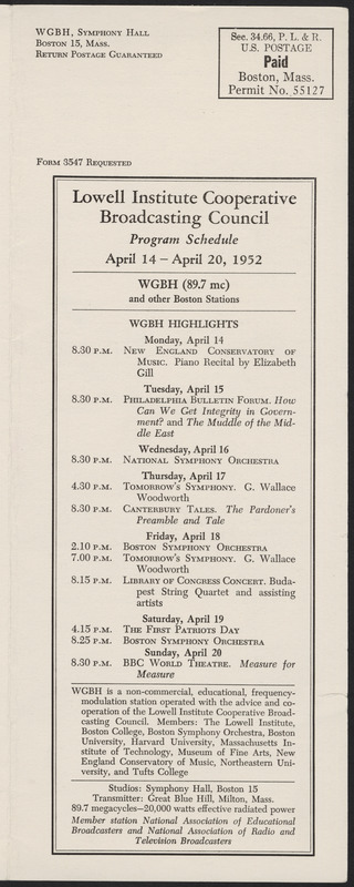 LICBC Program Schedule April 14 – April 20, 1952