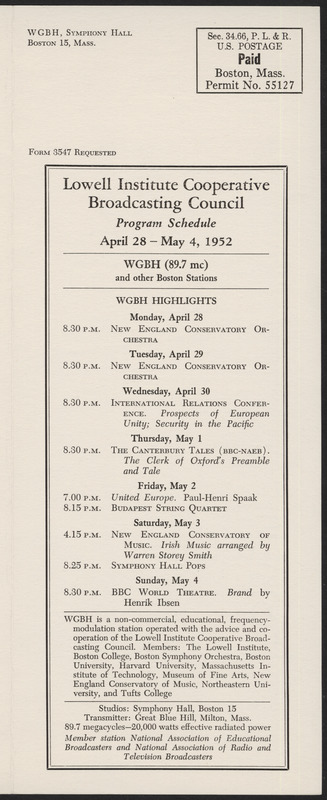 LICBC Program Schedule April 28 – May 4, 1952