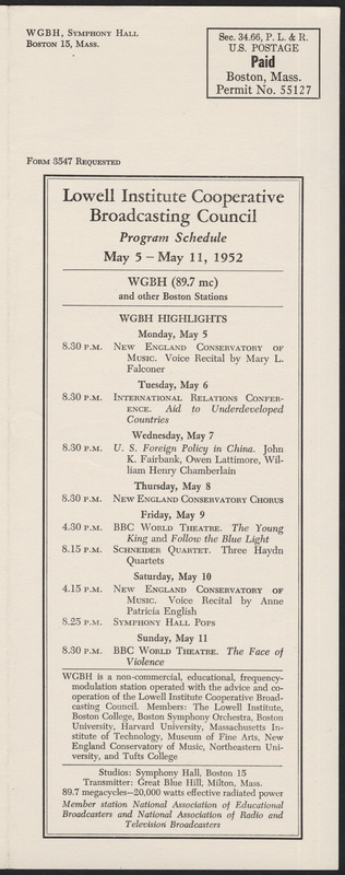 LICBC Program Schedule May 5 – May 11, 1952
