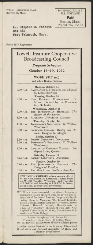 LICBC Program Schedule October 13–19, 1952