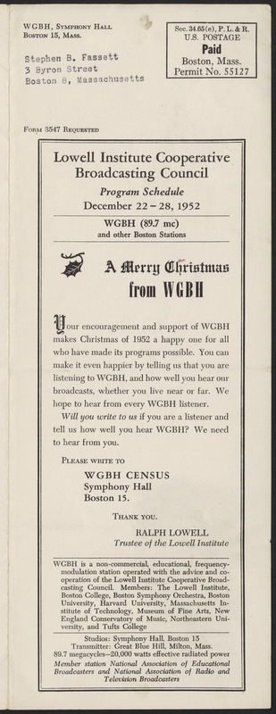 LICBC Program Schedule December 22–28, 1952