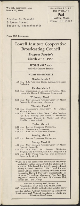 LICBC Program Schedule March 2–8, 1953