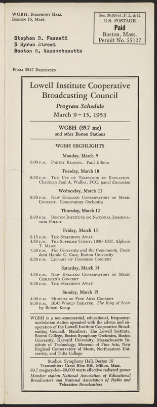 LICBC Program Schedule March 9–15, 1953