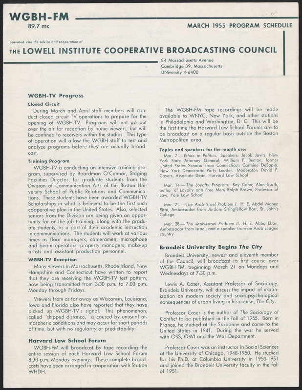WGBH Program Schedule March 1955
