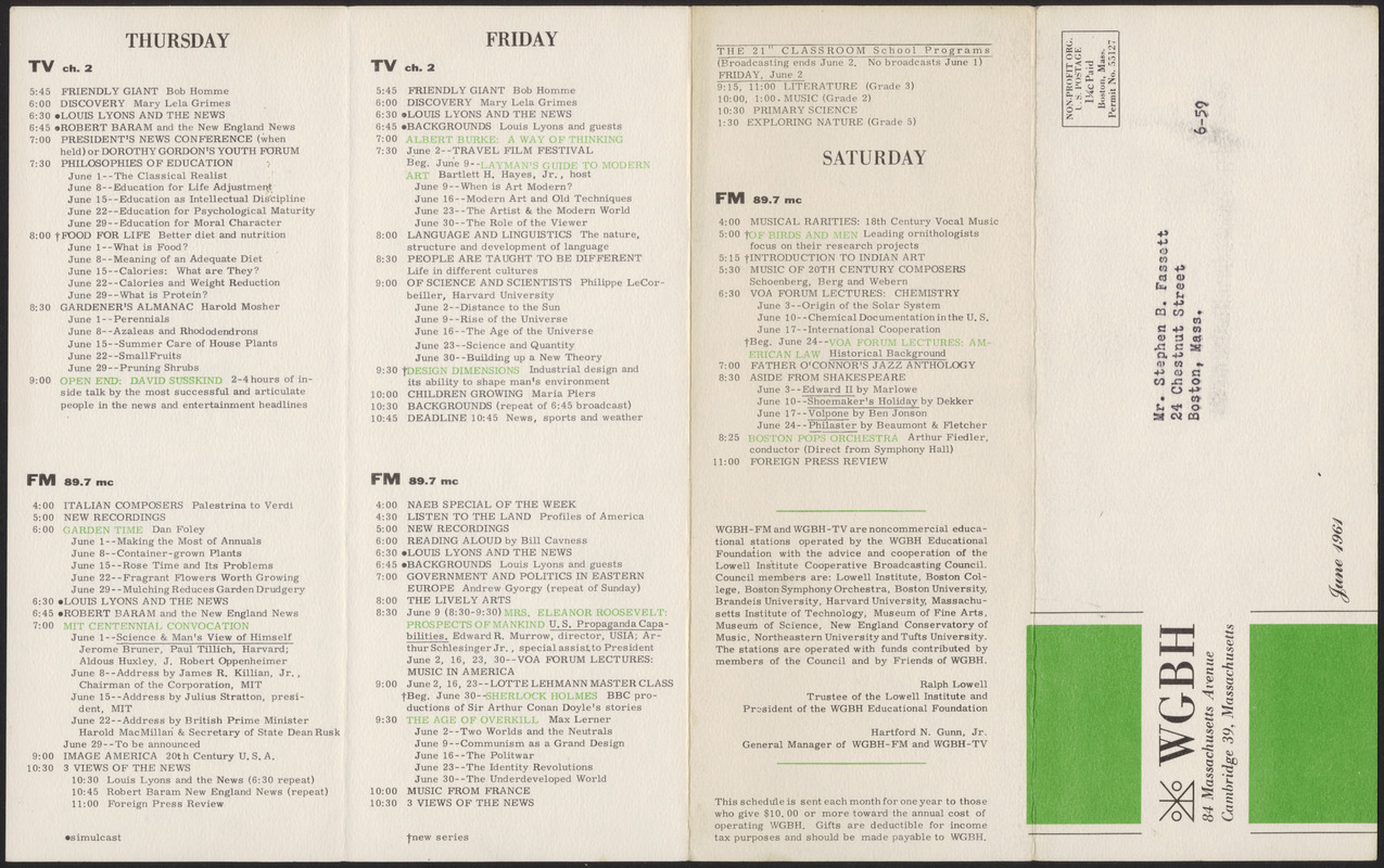 WGBH Program Schedule June 1961