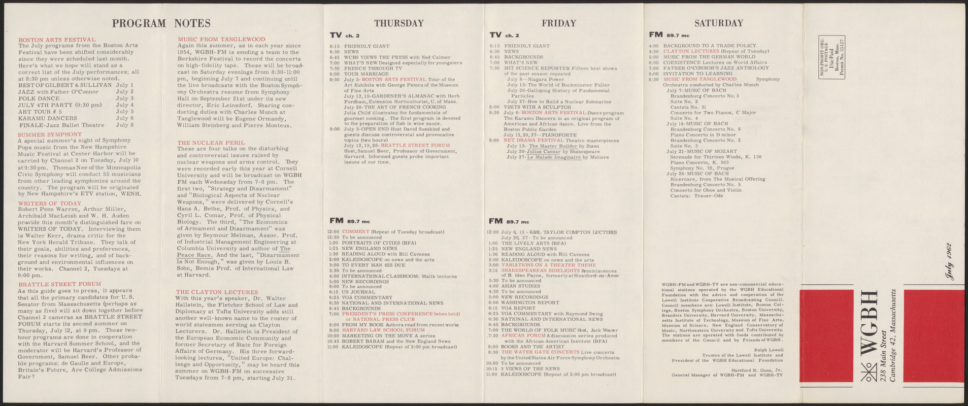 WGBH Program Schedule July 1962