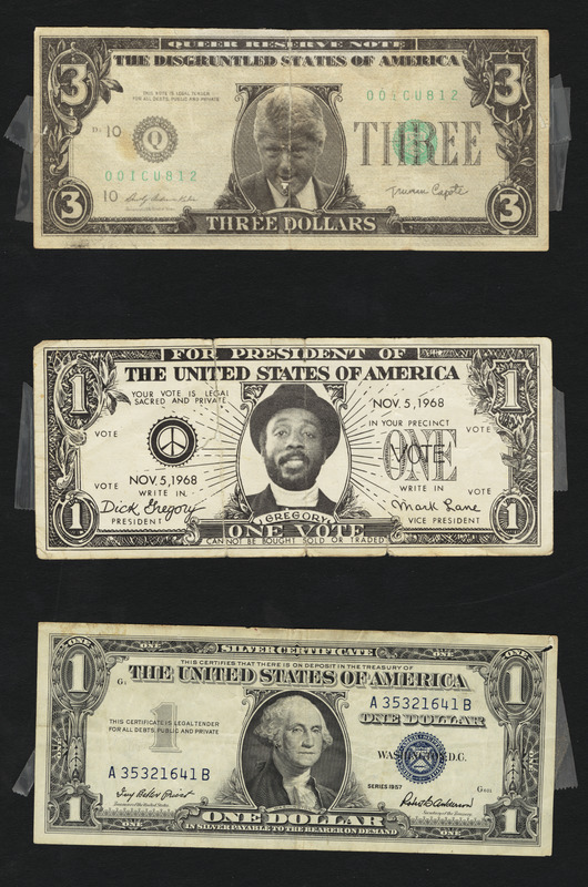 Dollar bills - Bill Clinton $3 bill, Dick Gregory $1 bill, 1957 $1