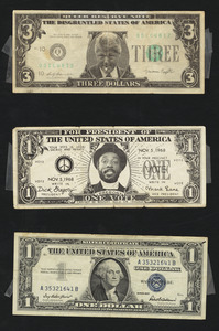 Dollar bills - Bill Clinton $3 bill, Dick Gregory $1 bill, 1957 $1 bill