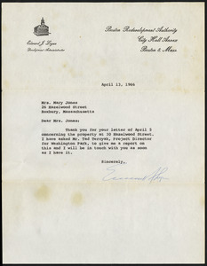 Letter from Boston Redevelopment Authority, Boston, Mass., to Mary Jones, April 13,1966
