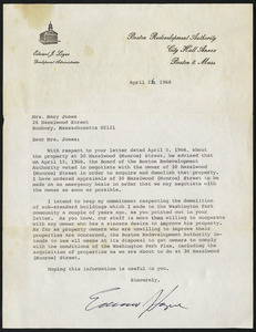 Letter from Boston Redevelopment Authority, Boston, Mass., to Mary Jones, April 26,1966