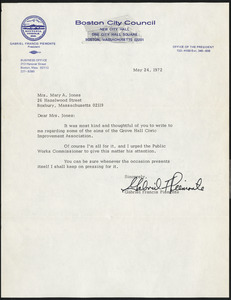 Letter from the Boston City Councilor Gabriel Francis Piemonte, Boston, Massachusetts, to Mary A. Jones, May 24, 1972