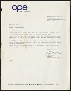 Letter from Roxbury Little City Hall, Roxbury, Massachusetts, to Mary Jones, May 17, 1972