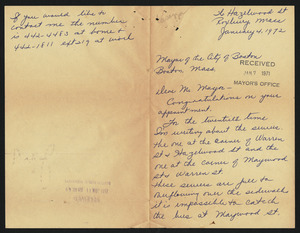 Letter from Mary Jones, Roxbury, Mass., to Mayor of the City of Boston, January 4, 1972