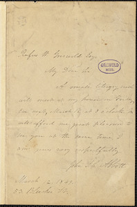 John Stevens Cabot Abbott, 53 Bleecker St., autograph letter signed to R. W. Griswold, 12 March 1849