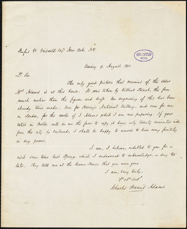 Charles Francis Adams, Quincy, MA., autograph letter signed to R. W. Griswold, 9 August 1851